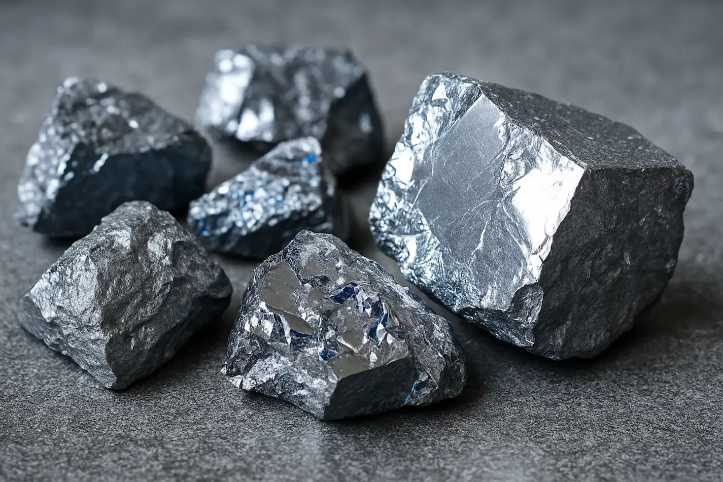 Sorterte og glinsende jernmalm steiner på en mørk bakgrunn.  Sorted and glistening iron ore stones