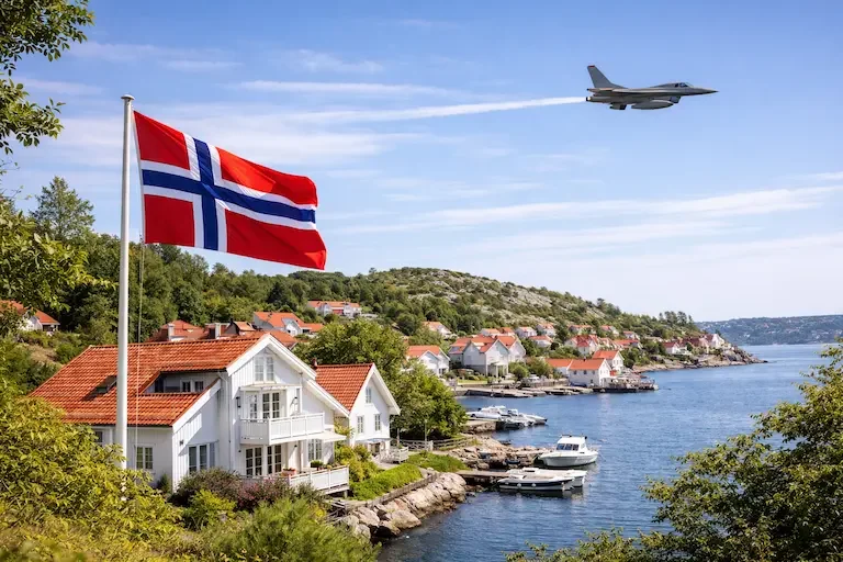 Image of a Norwegian landscape with a fighter jet