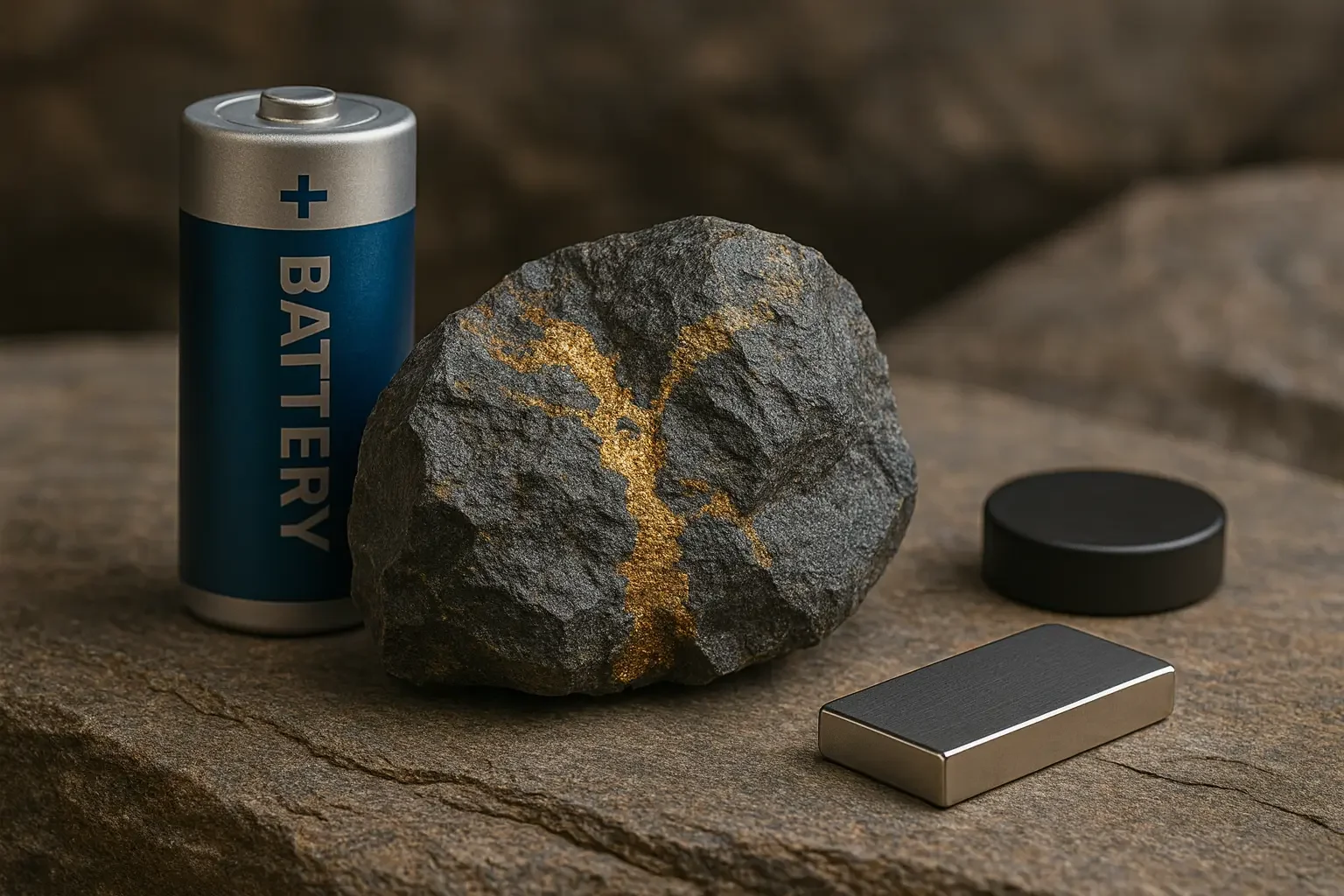 En blå batteri med teksten 'Battery' står ved siden av en svart stein med gullfargede fissurer, plassert på en tørr, rustikk treflate.