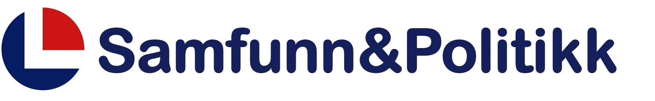 Rund logo i fargene rødt, hvitt og blått samt teksten Samfunn og Politikk