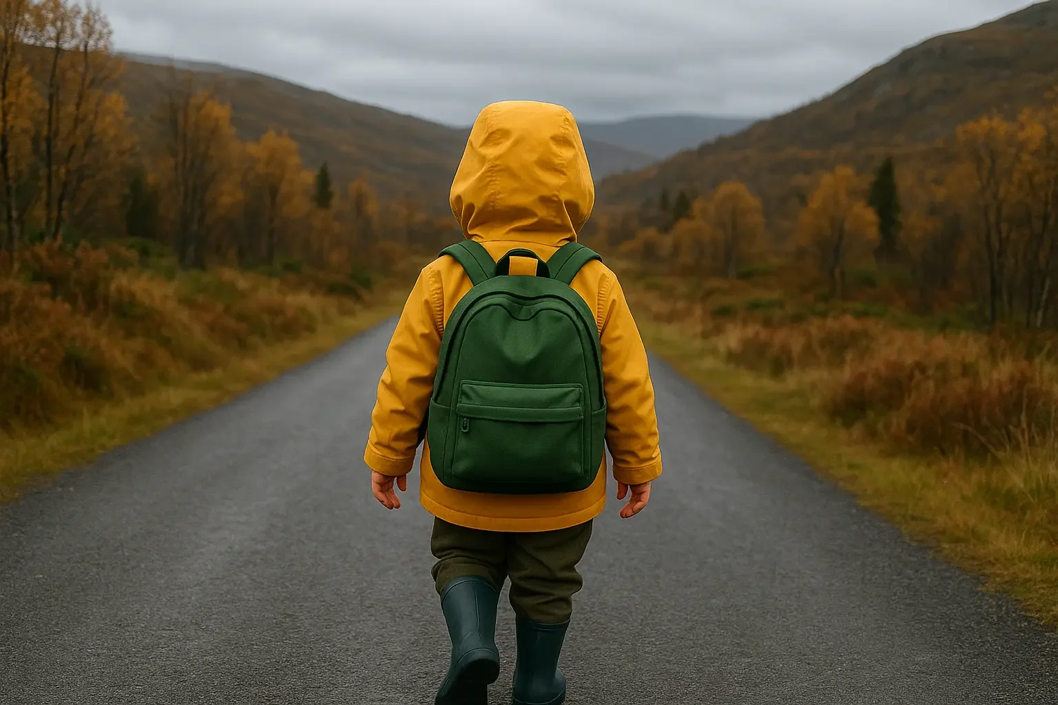 A preschool child walking on a rural road