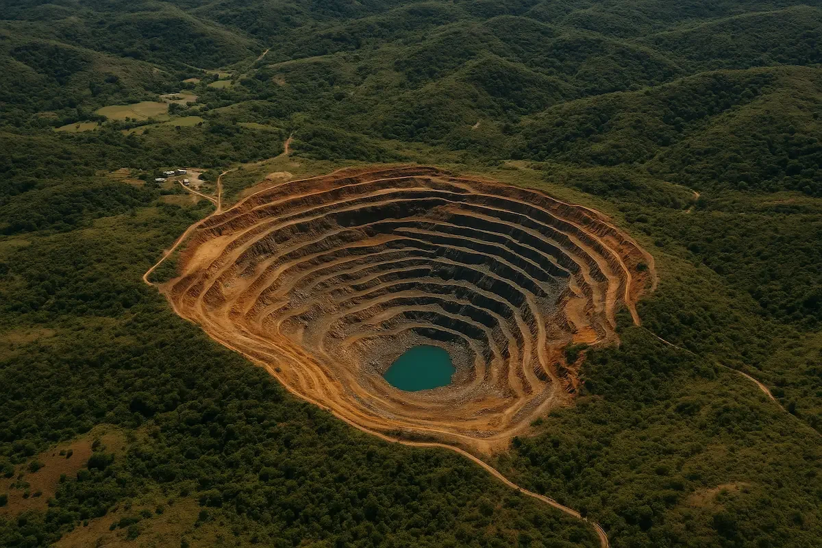 Aerial drone image of a large open-pit mine