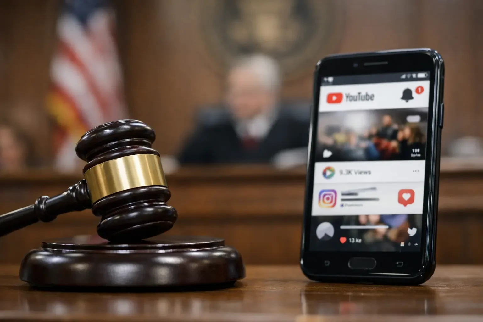 Judge’s gavel and phone in courtroom, symbol of ruling