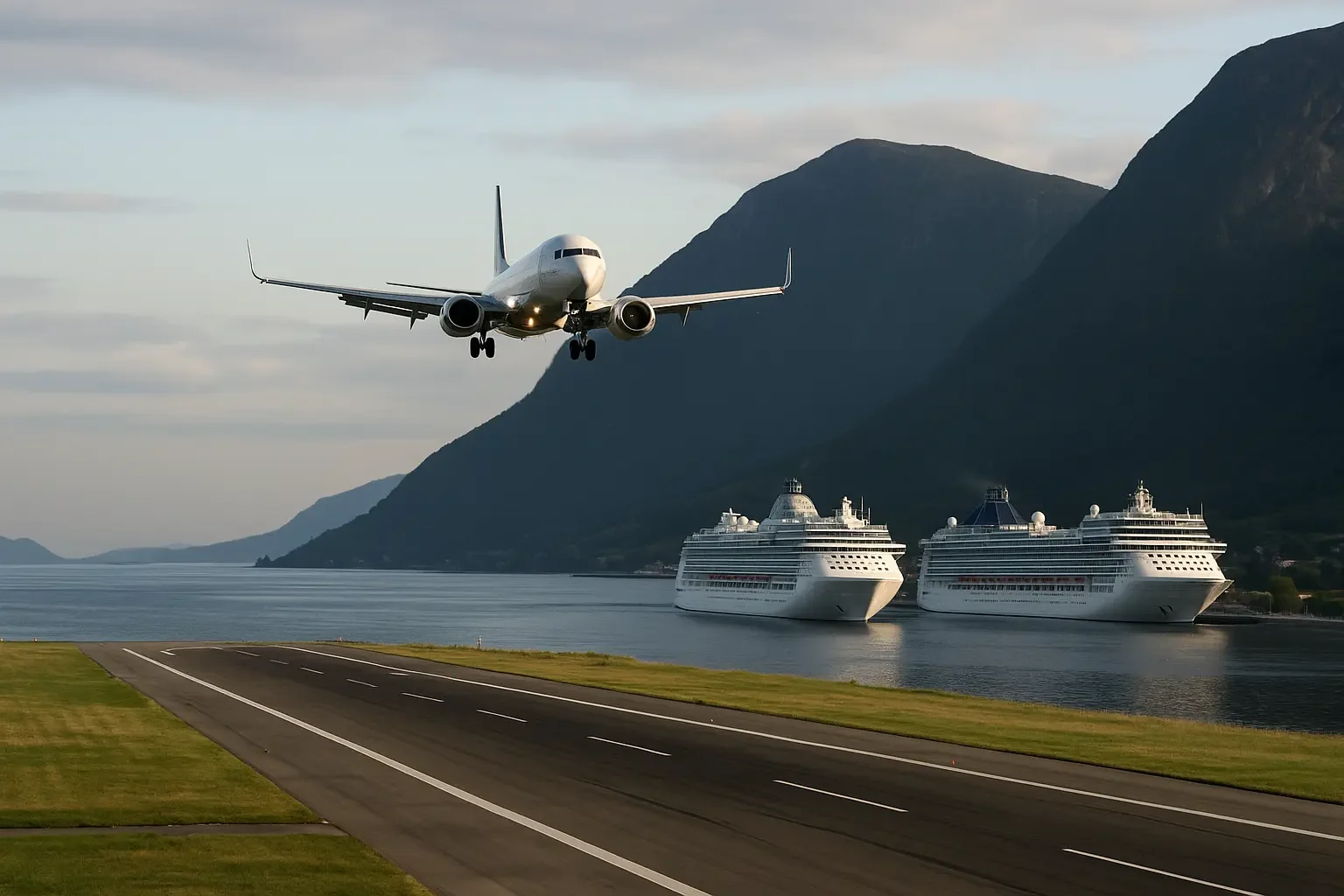 Et fly tar av nær en flystripe ved vann, med to cruise-skip i vannet og fjell i bakgrunnen.