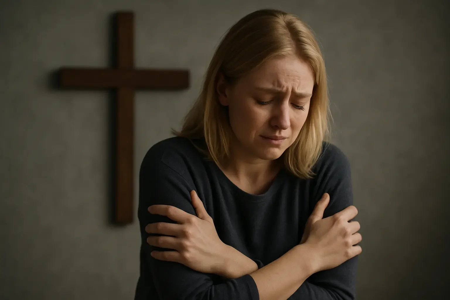 A woman who appears to be in pain, with a cross on the wall in the background