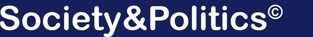 Logo for Society & Politics, klar blå bakgrunn med hvit tekst.