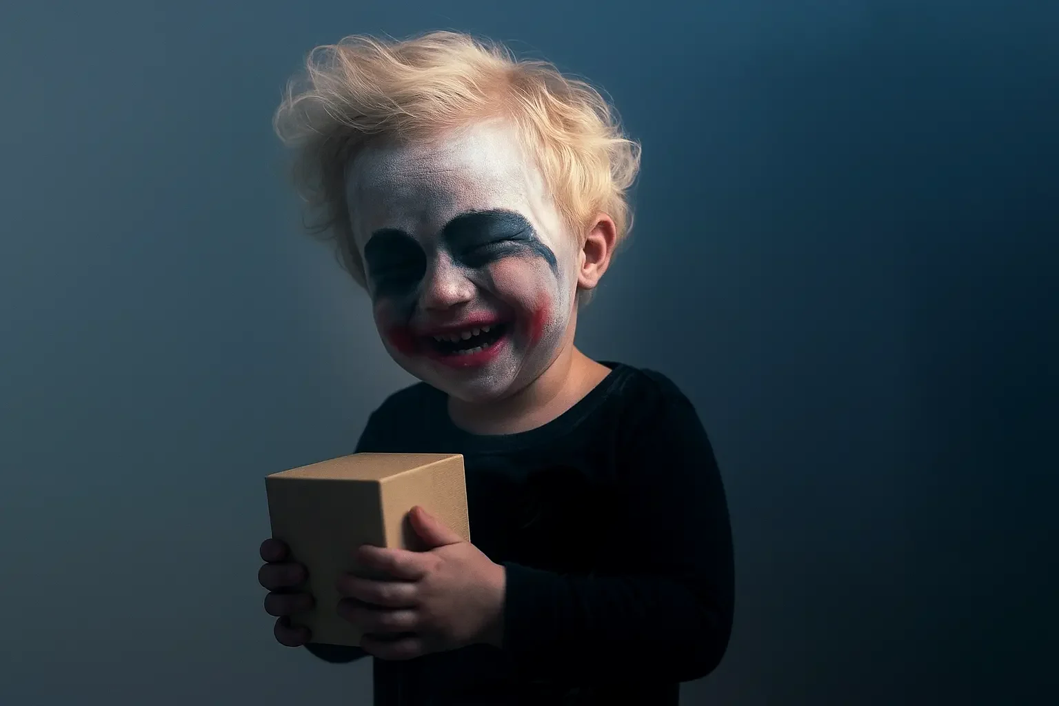 Barn med ansiktet malt som en klovne, smiler og holder en liten eske.