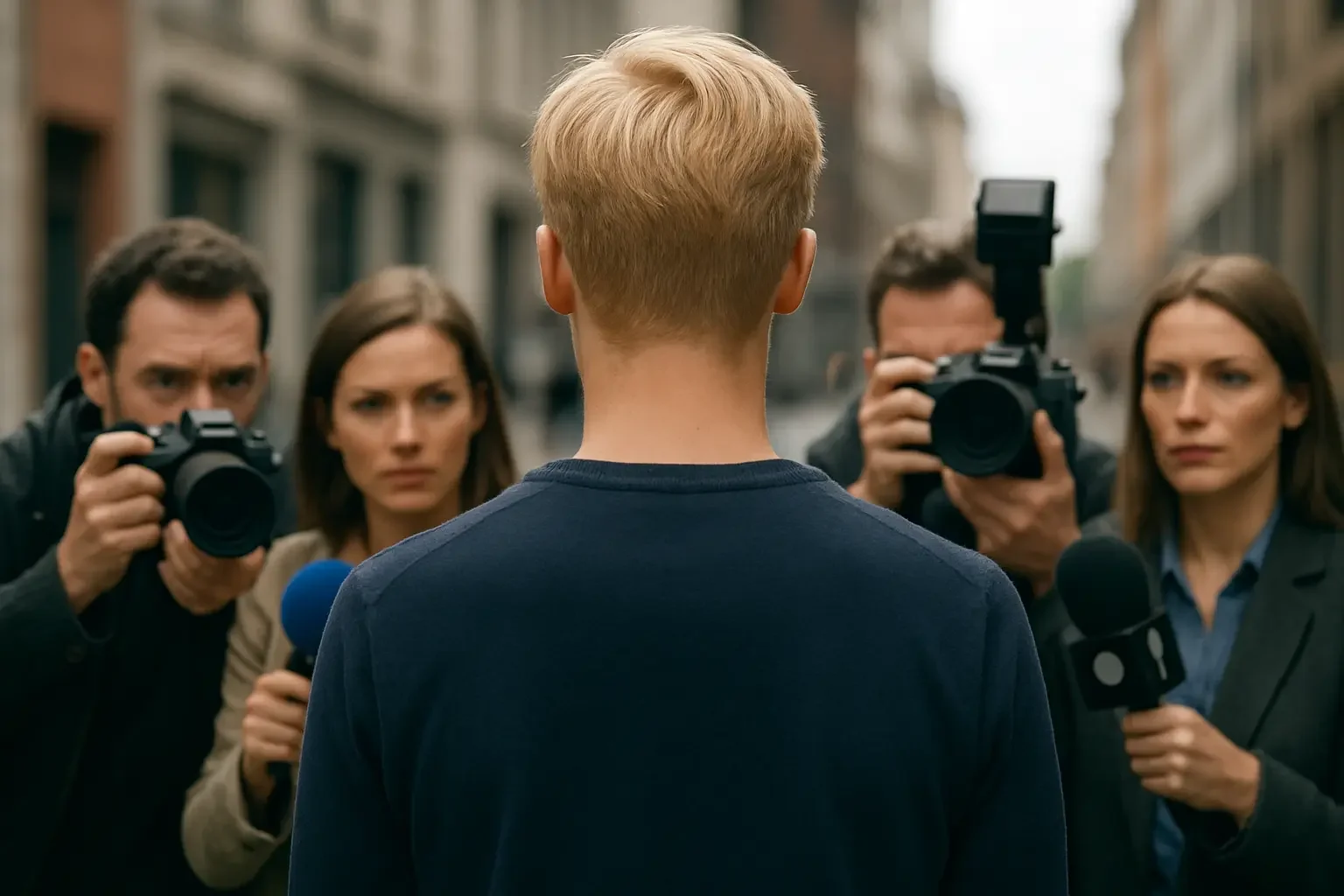 En person med ryggen mot kamera, omgitt av journalister som tar bilder og intervjuer, på en bygate.