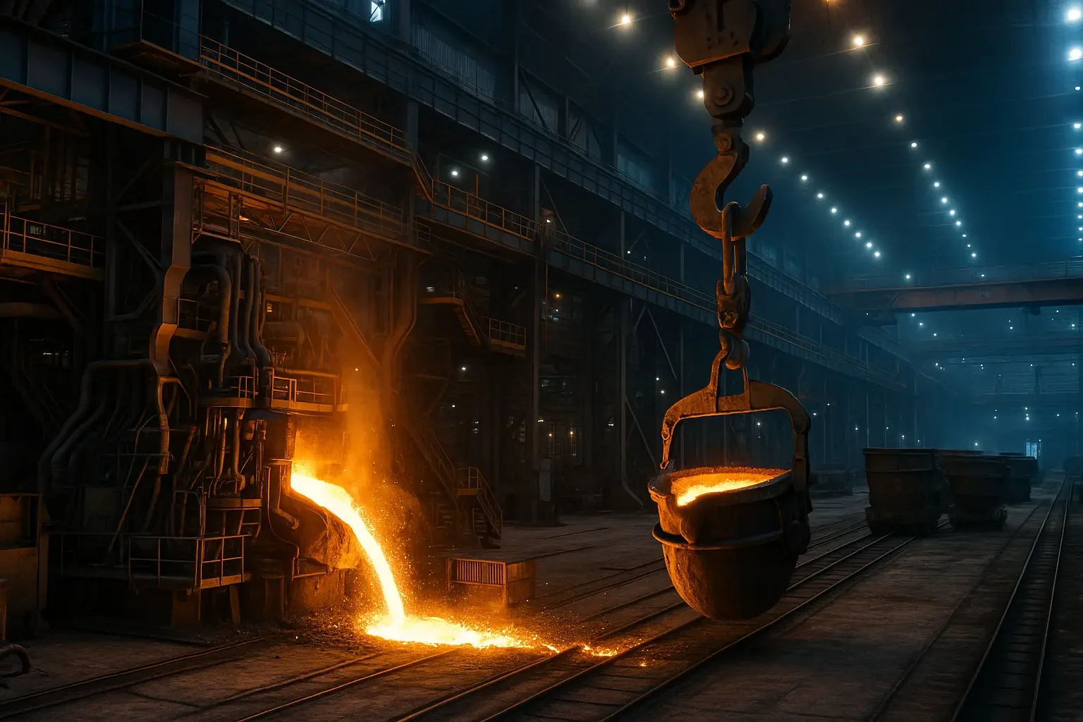 An industrial steel plant with molten metal