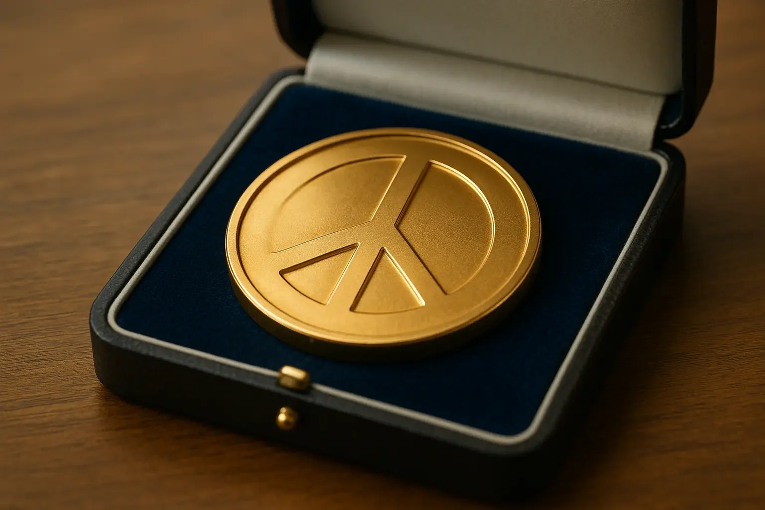 A gold-coloured medal with a peace symbol