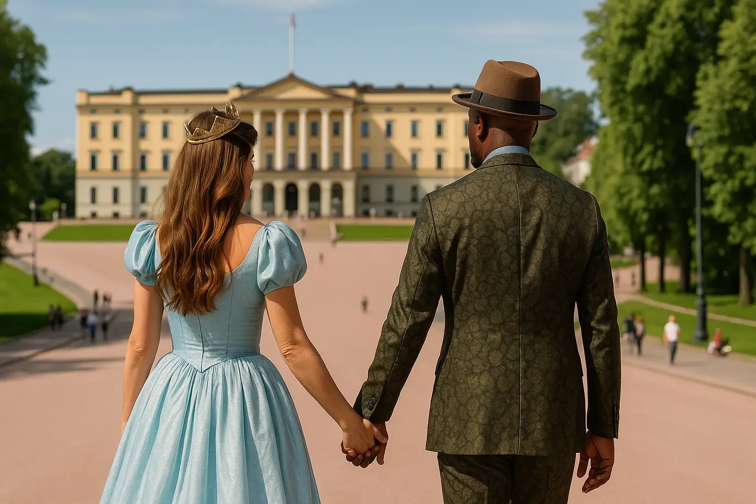 To personer i vintage antrekk som går hånd i hånd foran et stort, klassisk bygg i bakgrunnen, med grønne trær langs sidene.