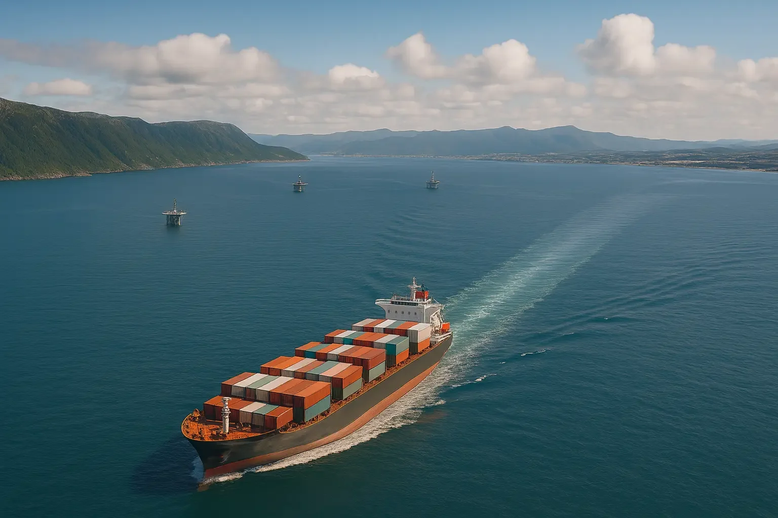 An image of a ship leaving Norway with cargo