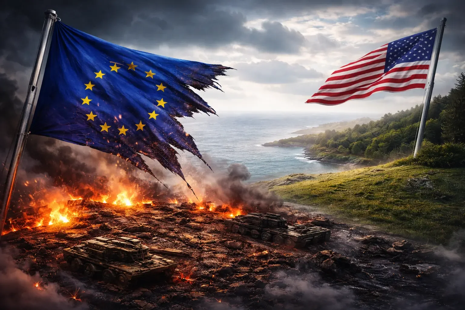 Bilde som viser det amerikanske flagget i grønn natur og EU-flagget på brent jord