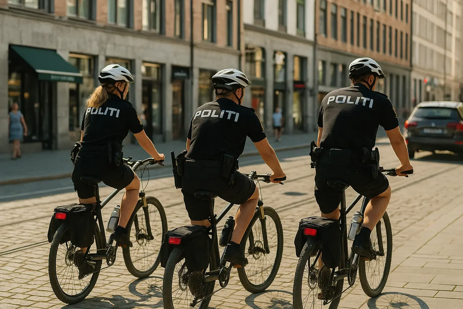 Tre politibetjenter sykler i en bygate, alle iført hjelm og uniform med 'POLITI' skrevet på ryggen.