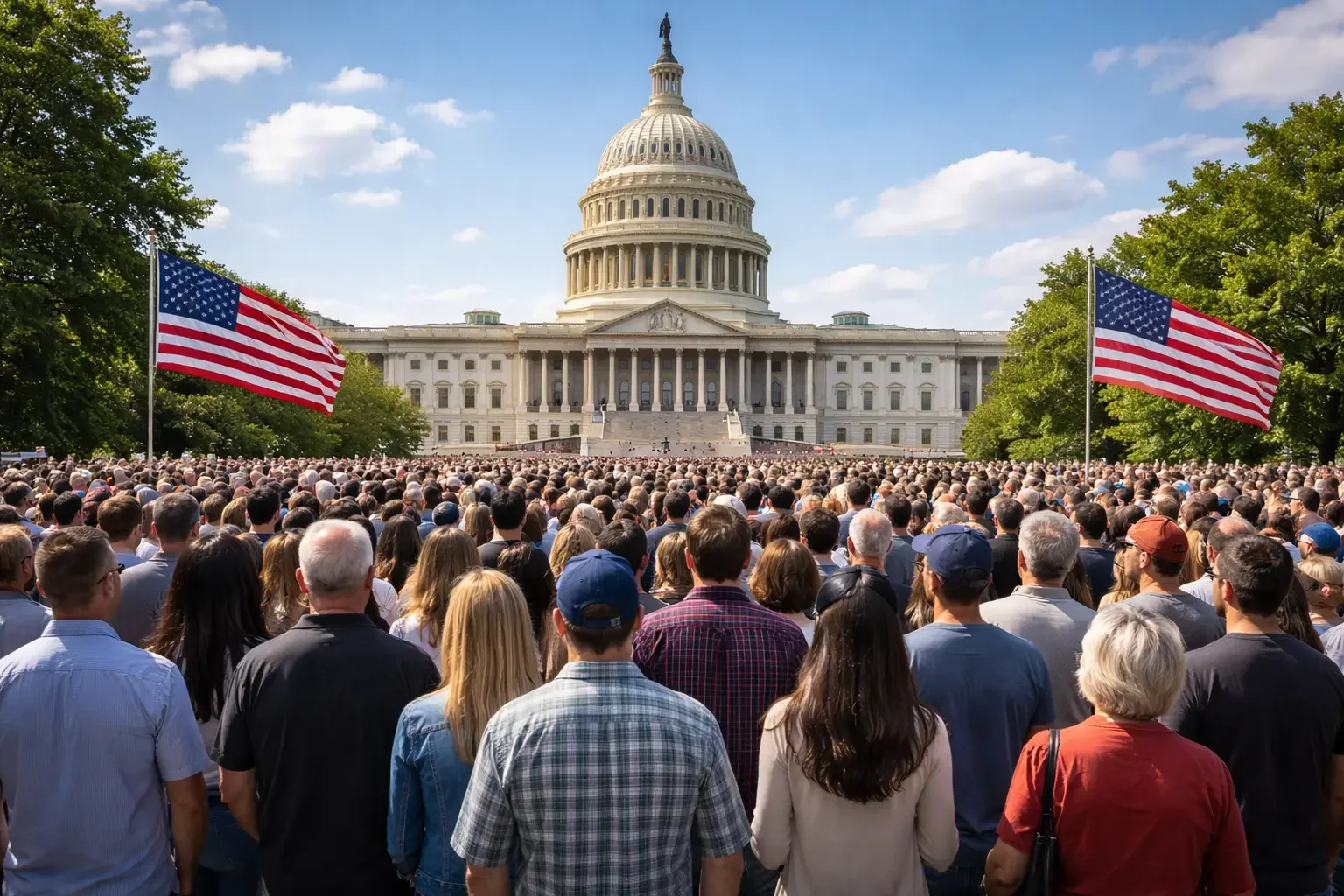 A large crowd of Americans facing the U.S. Capitol