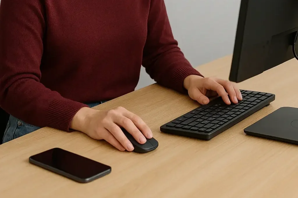 En person i rød genser bruker mus og tastatur foran en dataskjerm på et trebord.