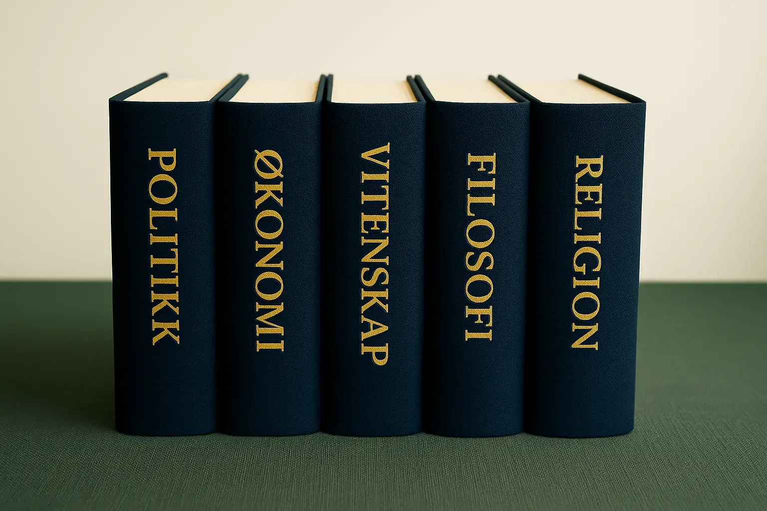 Bilde av bøker med titlene Politikk, Økonomi, Vitenskap, Filosofi og Religion