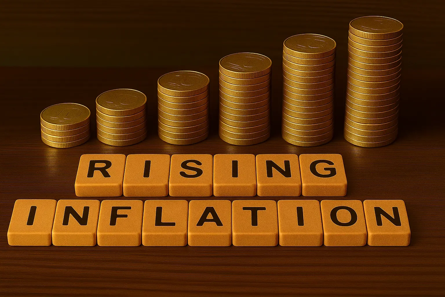 Bilde av stable utgiftsmynter som øker i størrelse, med teksten «Rising Inflation» nedenfor.