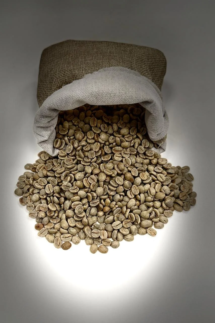 Brazilian green coffee beans and a coffee sack