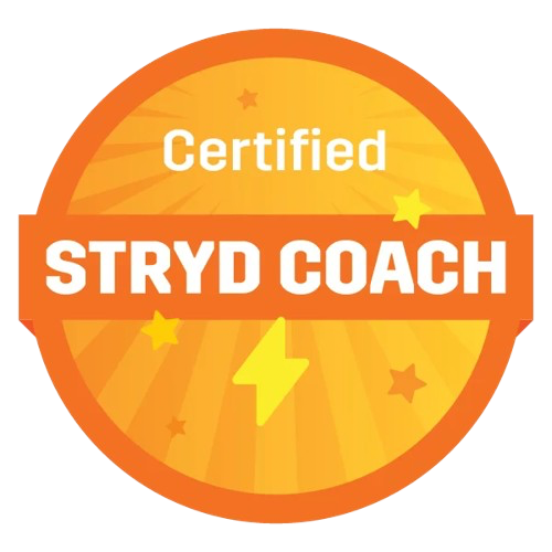 A circular badge with an orange border and yellow background featuring a lightning bolt at the bottom. The badge contains the text "Certified" at the top and "STRYD COACH" in bold white letters across the center.