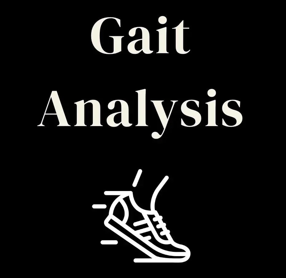 Text 'Gait Analysis' with a simple line drawing of a running shoe below, on a black background.