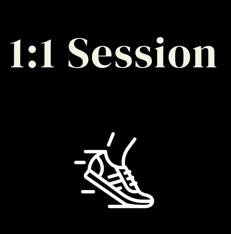 A black background with the text "1:1 Session" and a white line drawing of a sneaker, suggesting a one-on-one coaching or training session involving running or sports.