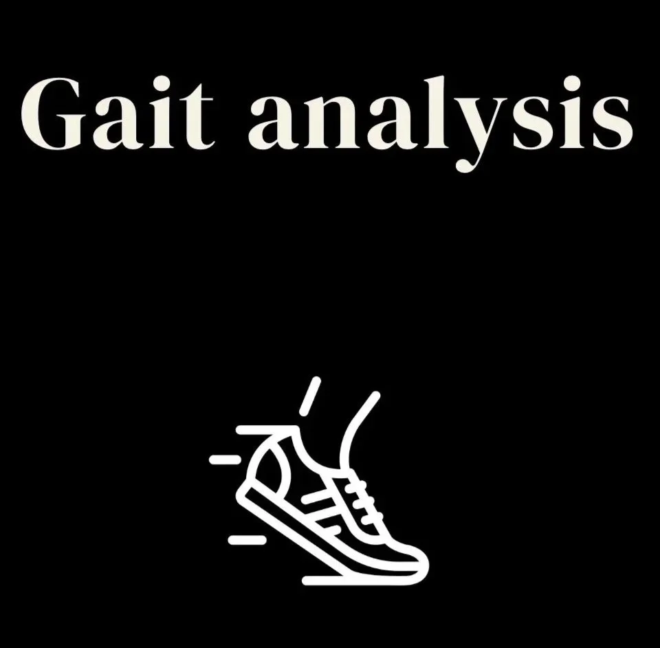 The image features the words 'Gait analysis' in large, bold text at the top and a simple, white line drawing of a foot in a running shoe below.