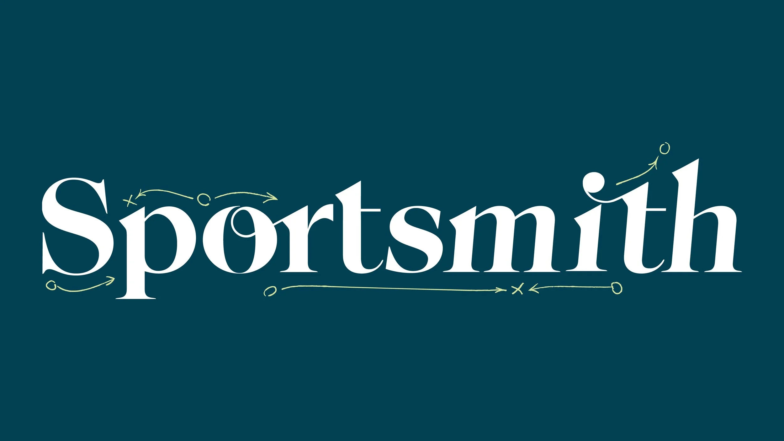 The word 'Sportsmith' is written in white text on a dark teal background, with decorative light green arrows and circles around it.