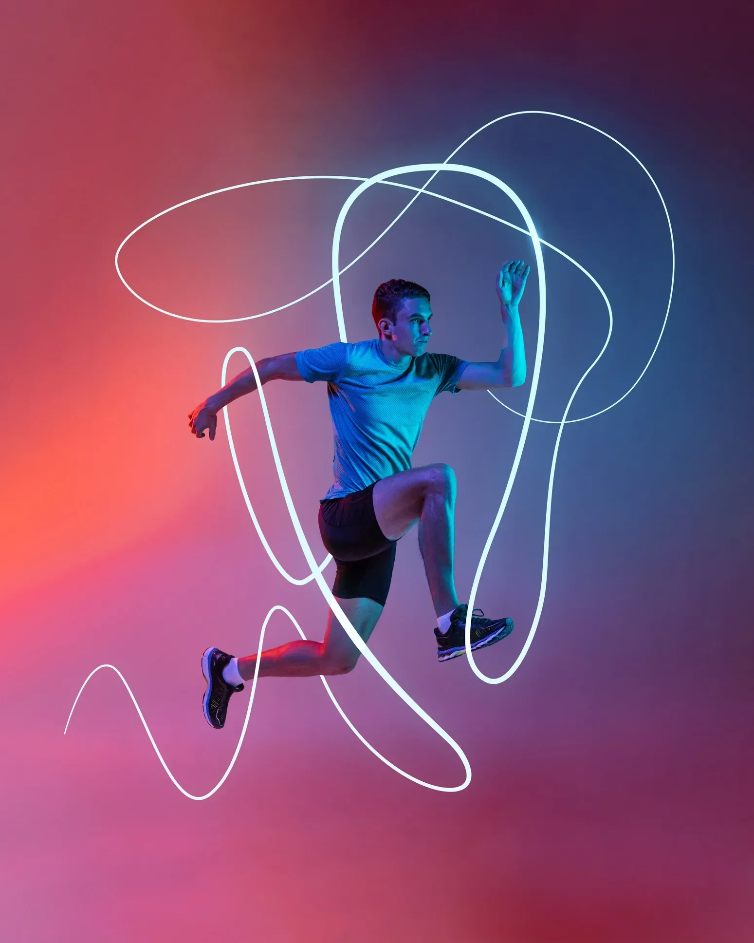 A young man in athletic clothing running, with digital light trails and abstract line art illustrations surrounding him, set against a vibrant gradient background.