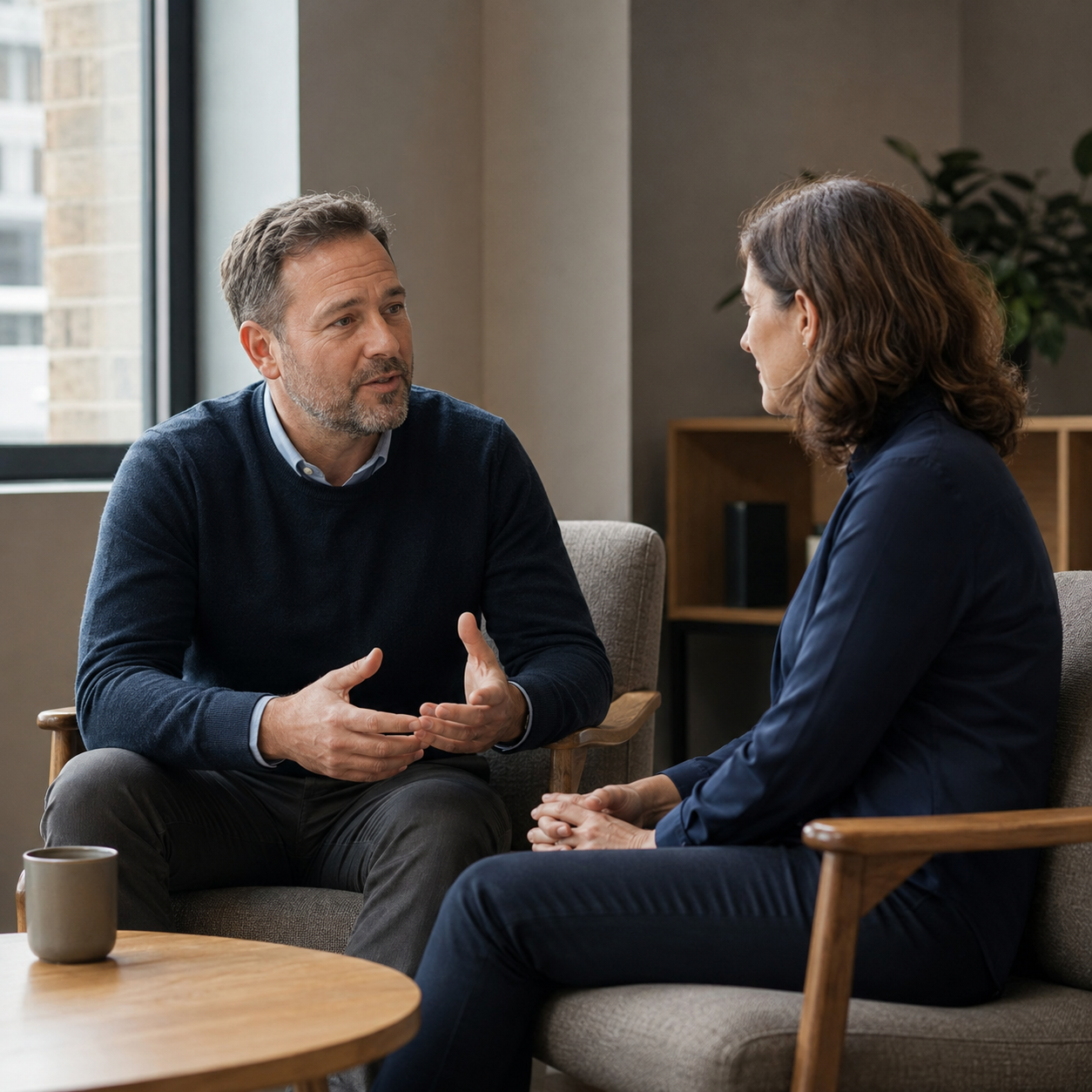A man and woman are having a conversation in an office. The man is gesturing with his hands while speaking, and the woman is listening attentively. There is a window behind them and a small table with a cup in front of them.