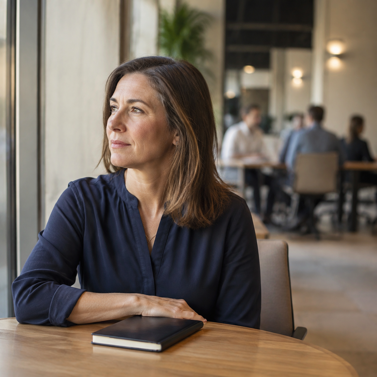 A woman with shoulder-length brown hair sitting at a wooden table in a well-lit office, looking thoughtfully out the window, with a closed black notebook in front of her.