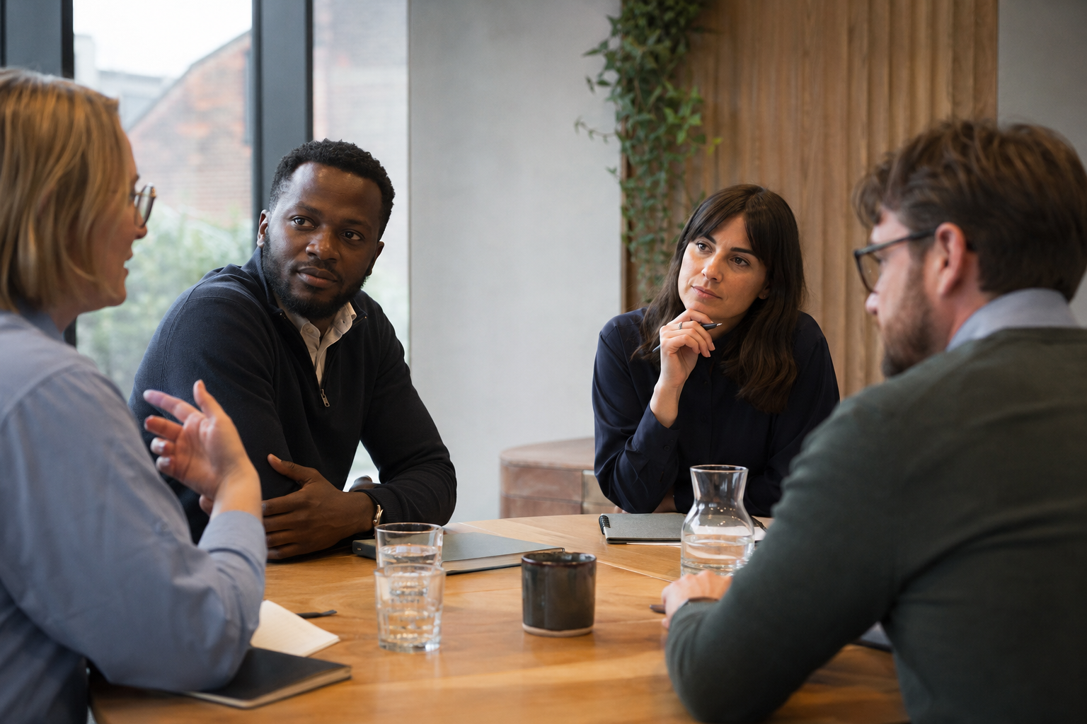 Four diverse people sitting around a wooden table having a discussion, with notebooks and glasses of water in front of them, in a room with large windows and wooden wall paneling.