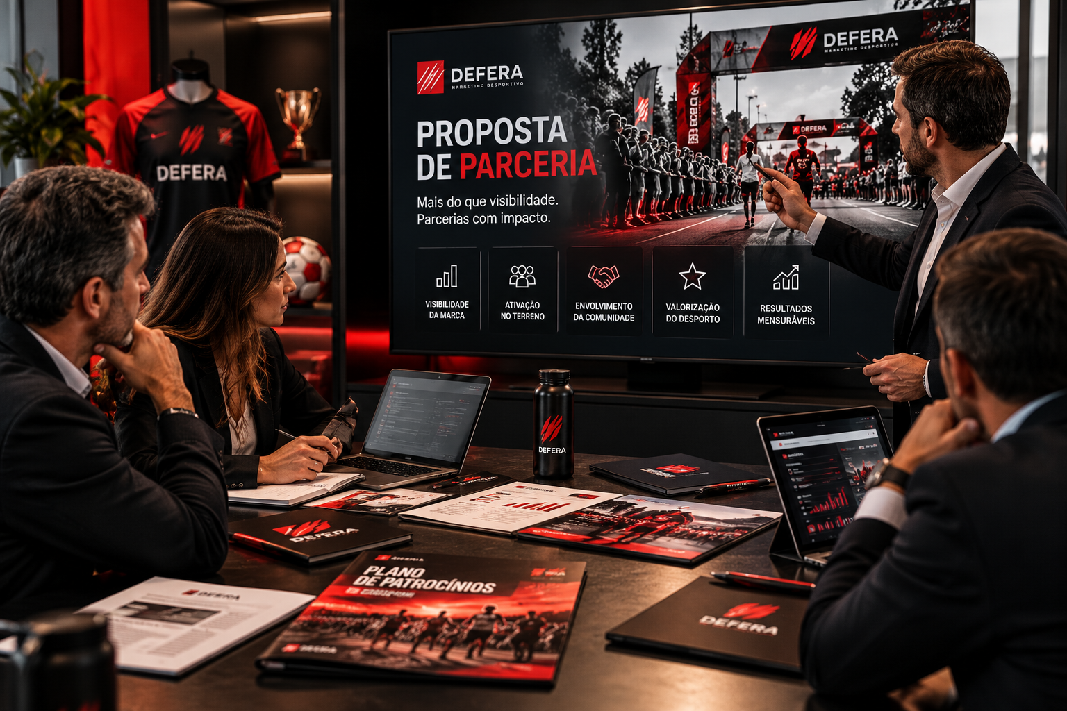 Reunião corporativa apresenta proposta de parceria esportiva da Defera, com plano de patrocínios, materiais de marketing e tela sobre corrida.