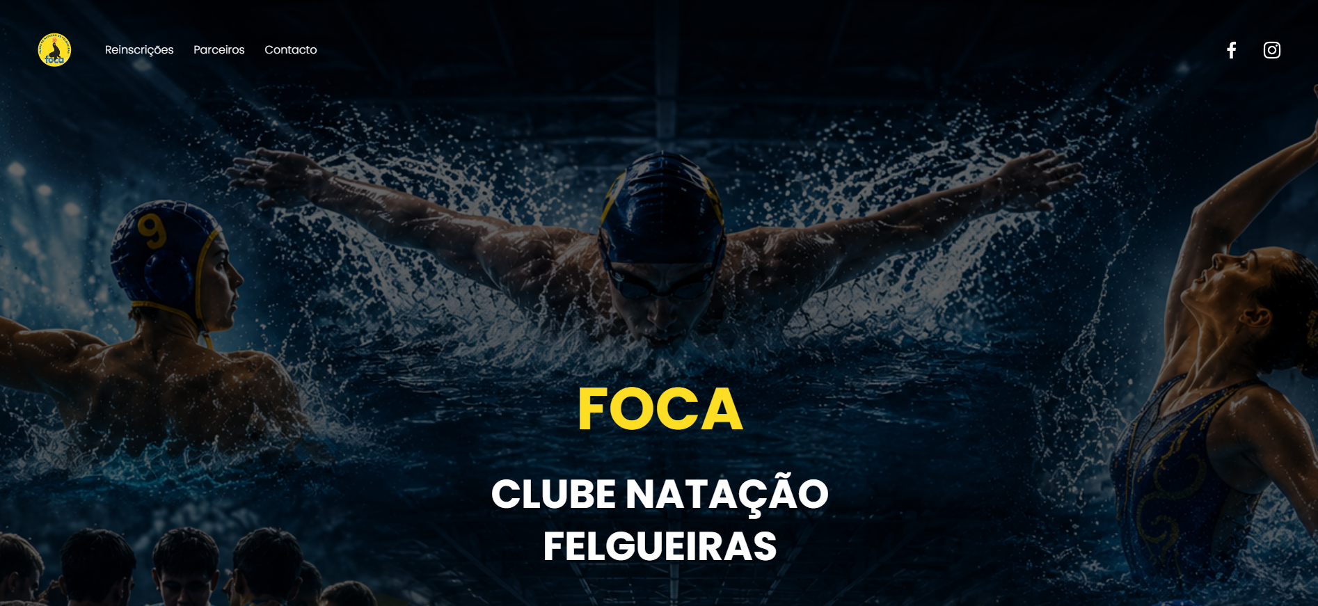 Banner do FOCA Clube Natação Felgueiras com nadadores em uma piscina durante competição.