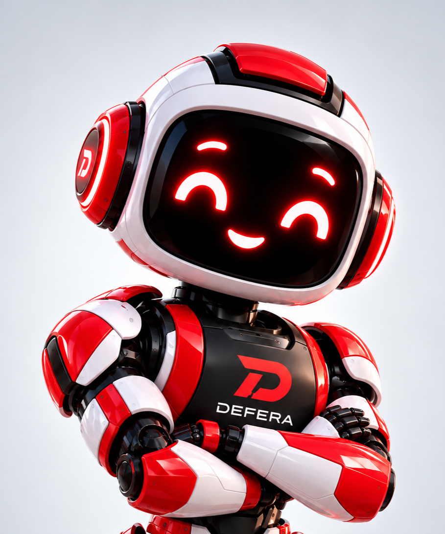 Robô humanoide futurista vermelho, branco e preto, com rosto sorridente iluminado e logotipo DEFERA no peito.