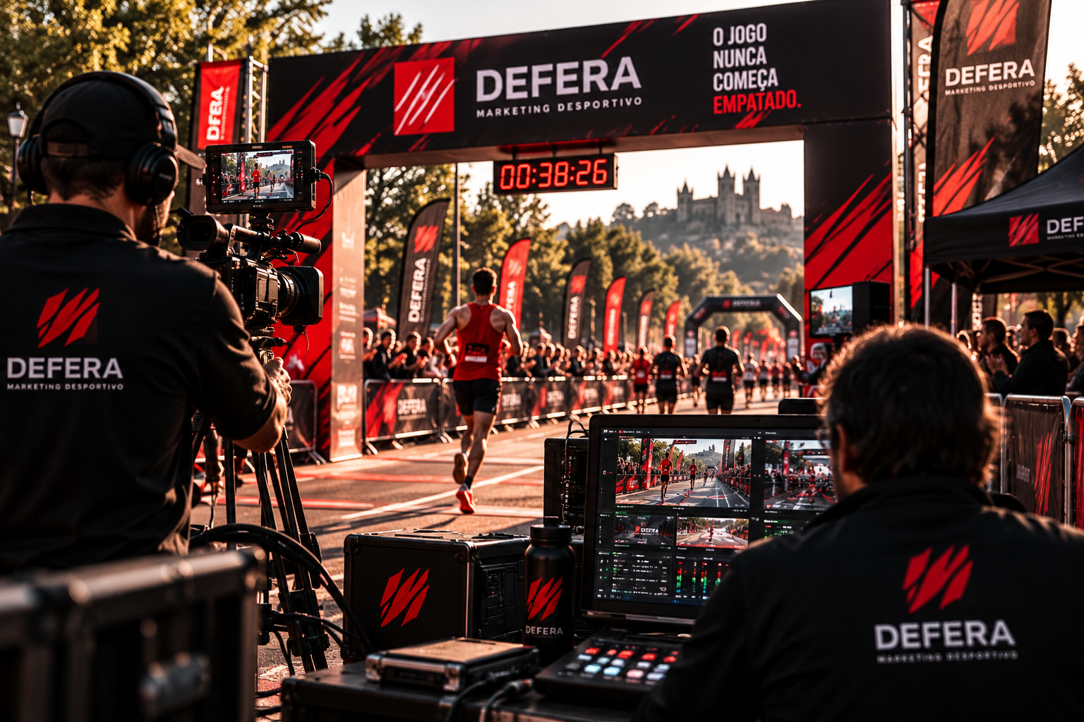 Cobertura televisiva de corrida de rua com atleta cruzando pórtico da Defera Marketing Desportivo e equipe operando câmeras e monitor de transmissão.