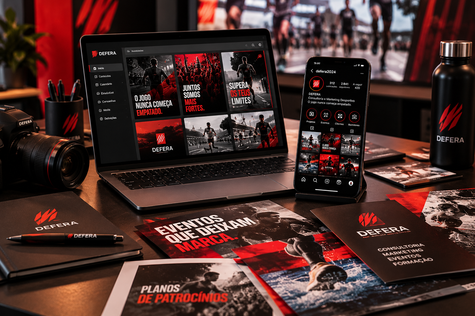 Identidade visual da DEFERA em laptop e smartphone, com materiais de marketing esportivo, câmera, cadernos e garrafa personalizada sobre uma mesa.