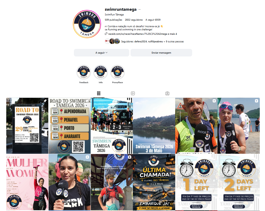 Página de uma rede social promovendo uma corrida de resistência aquática (SwimRun) em Tâmega, Portugal, com várias imagens de participantes, mapas de percurso, contagem regressiva para o evento, e o logotipo do evento.
