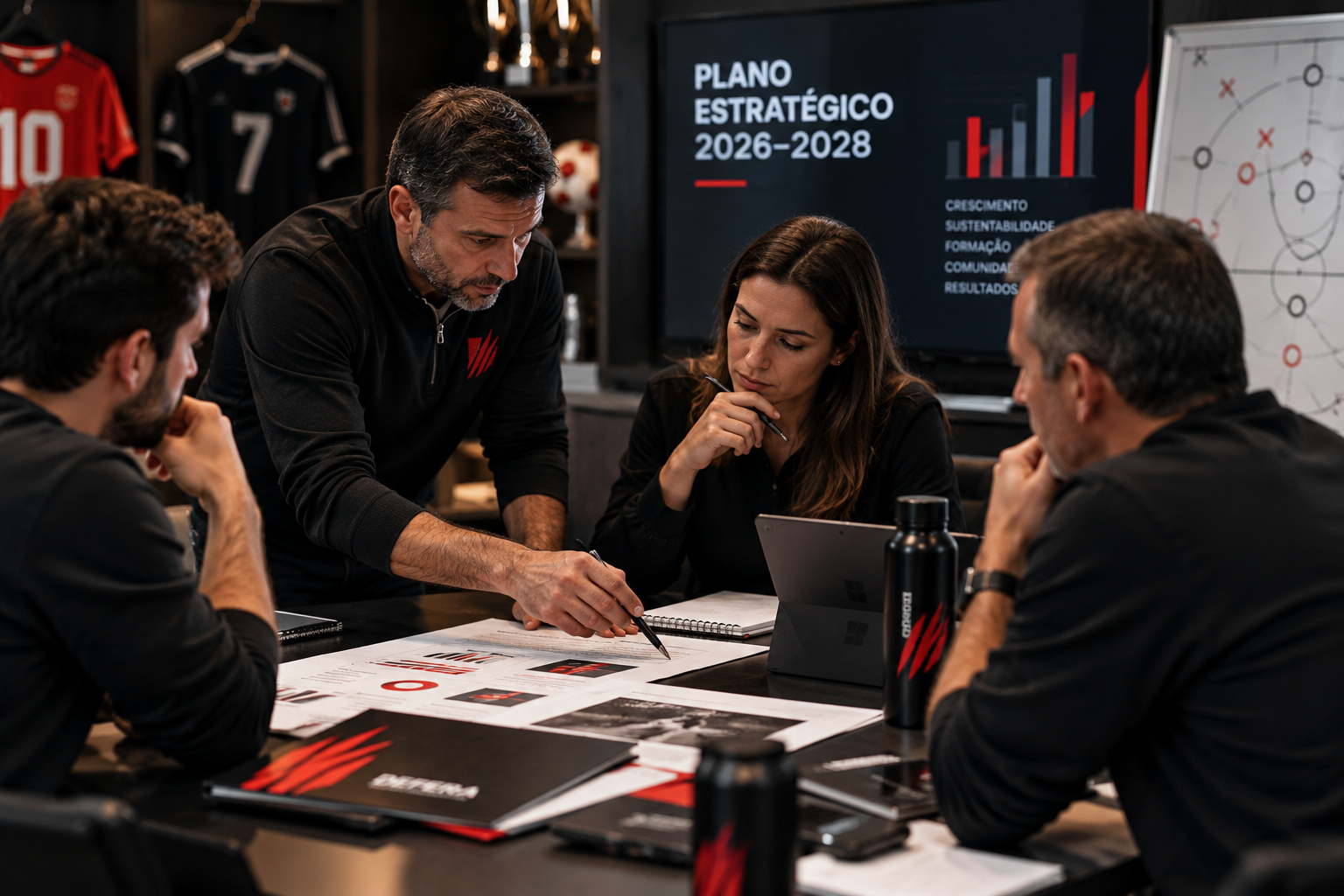 Equipe reunida em reunião de planejamento estratégico esportivo, analisando documentos e gráficos para o plano 2026–2028.