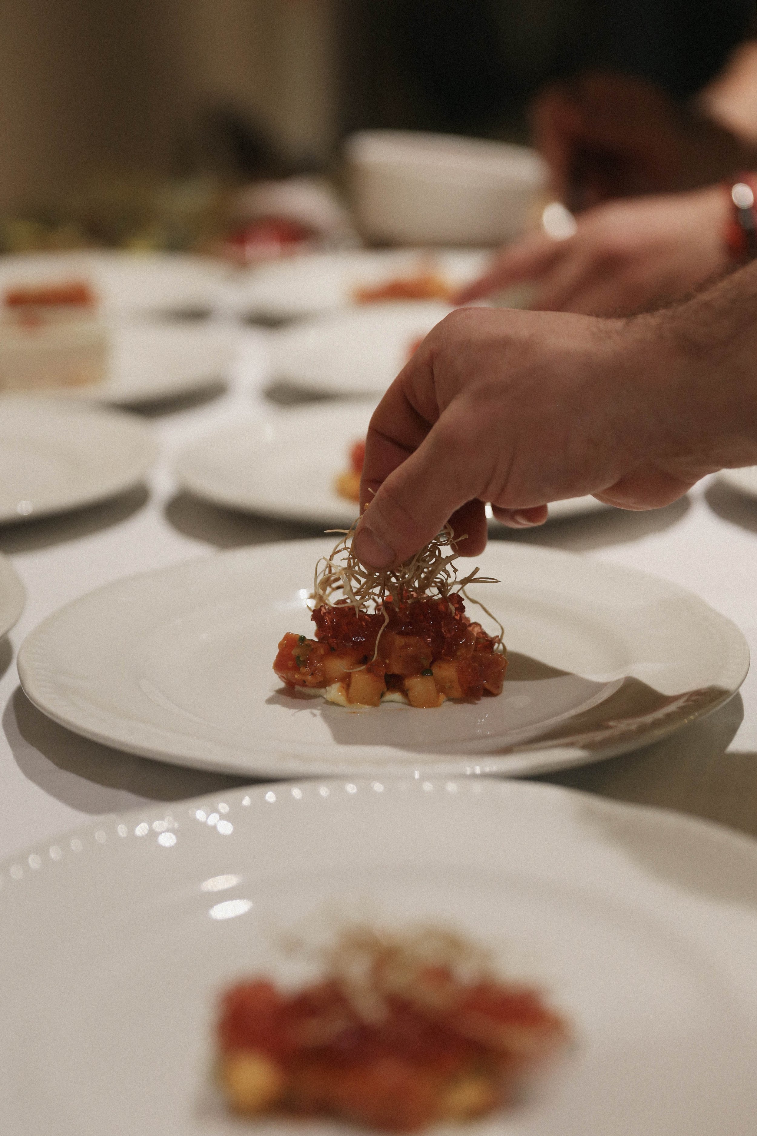 Private chef plating a main course for a multi-course dinner in Melbourne.