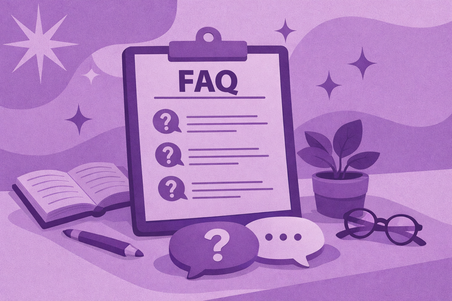Illustration of a FAQ board on a desk, with a plant, glasses, open book, pen, and speech bubbles with question marks around, in purple tones with stars in the background.