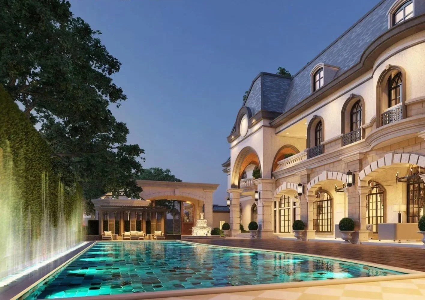 Luxury mansion with illuminated swimming pool, fountains, and outdoor seating area during dusk.