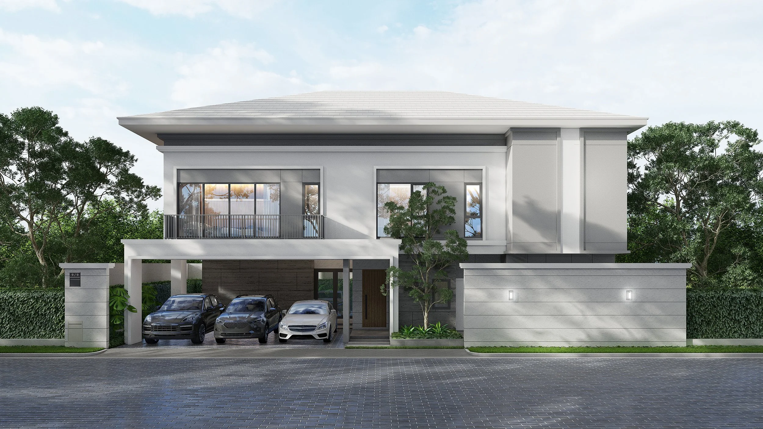 Modern two-story house with a white facade, three parked cars in front, trees, and a paved street.
