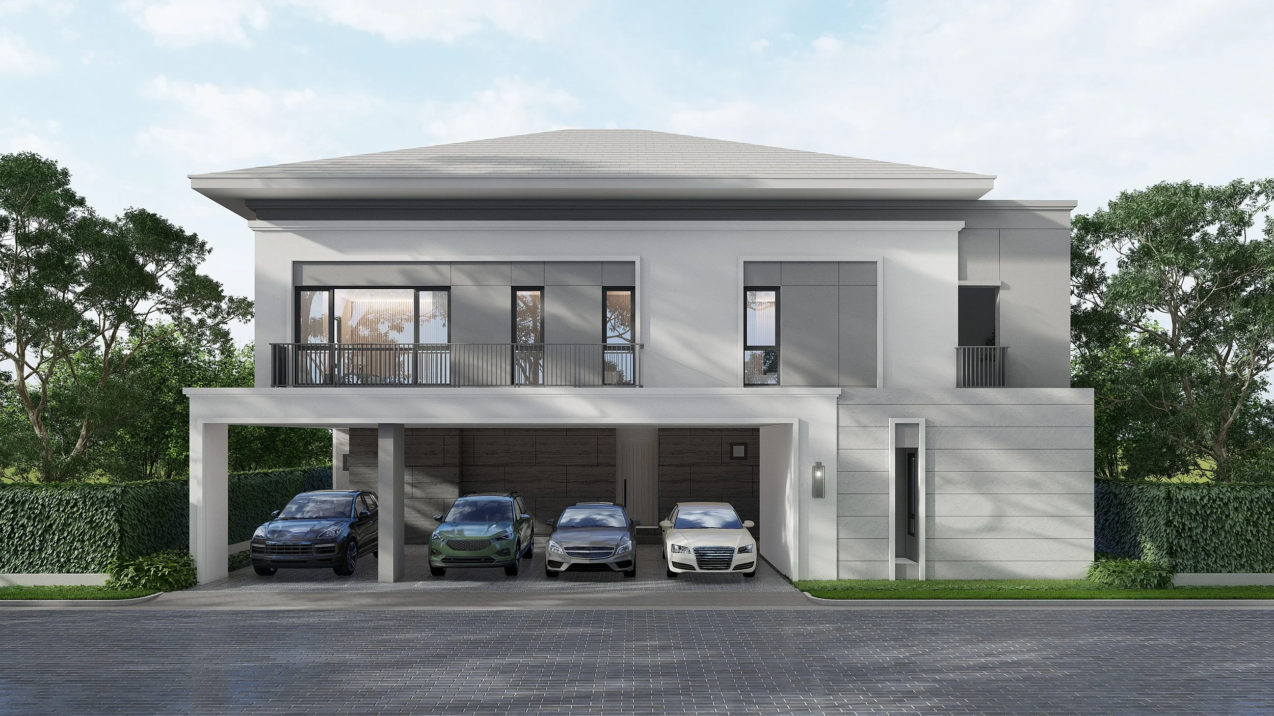 Modern two-story house with a garage, four parked cars, white exterior walls, and a small balcony on the upper floor, surrounded by greenery and trees.
