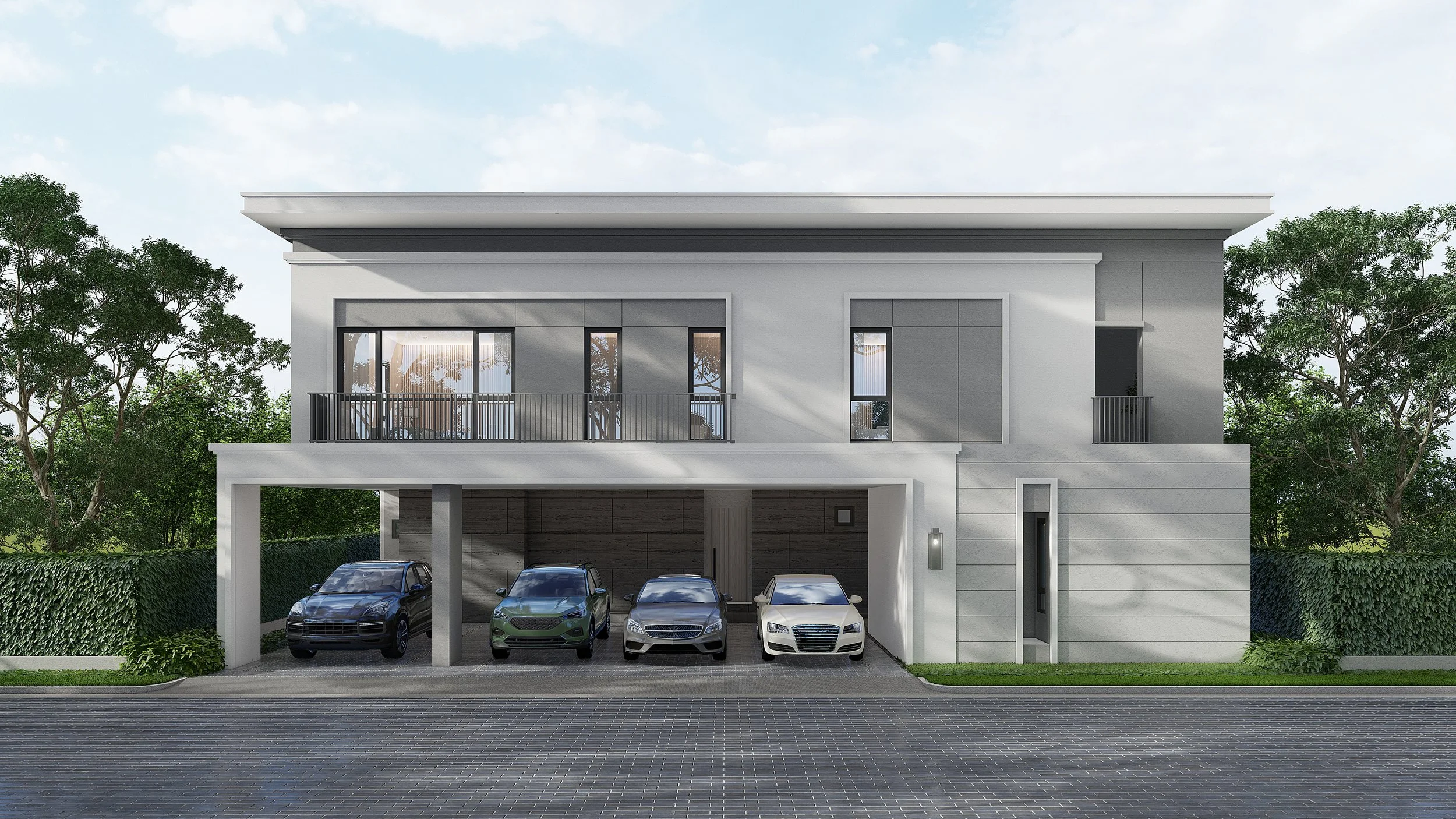 A modern two-story white house with a flat roof, featuring a balcony on the second floor, large windows, and three cars parked in the garage area.