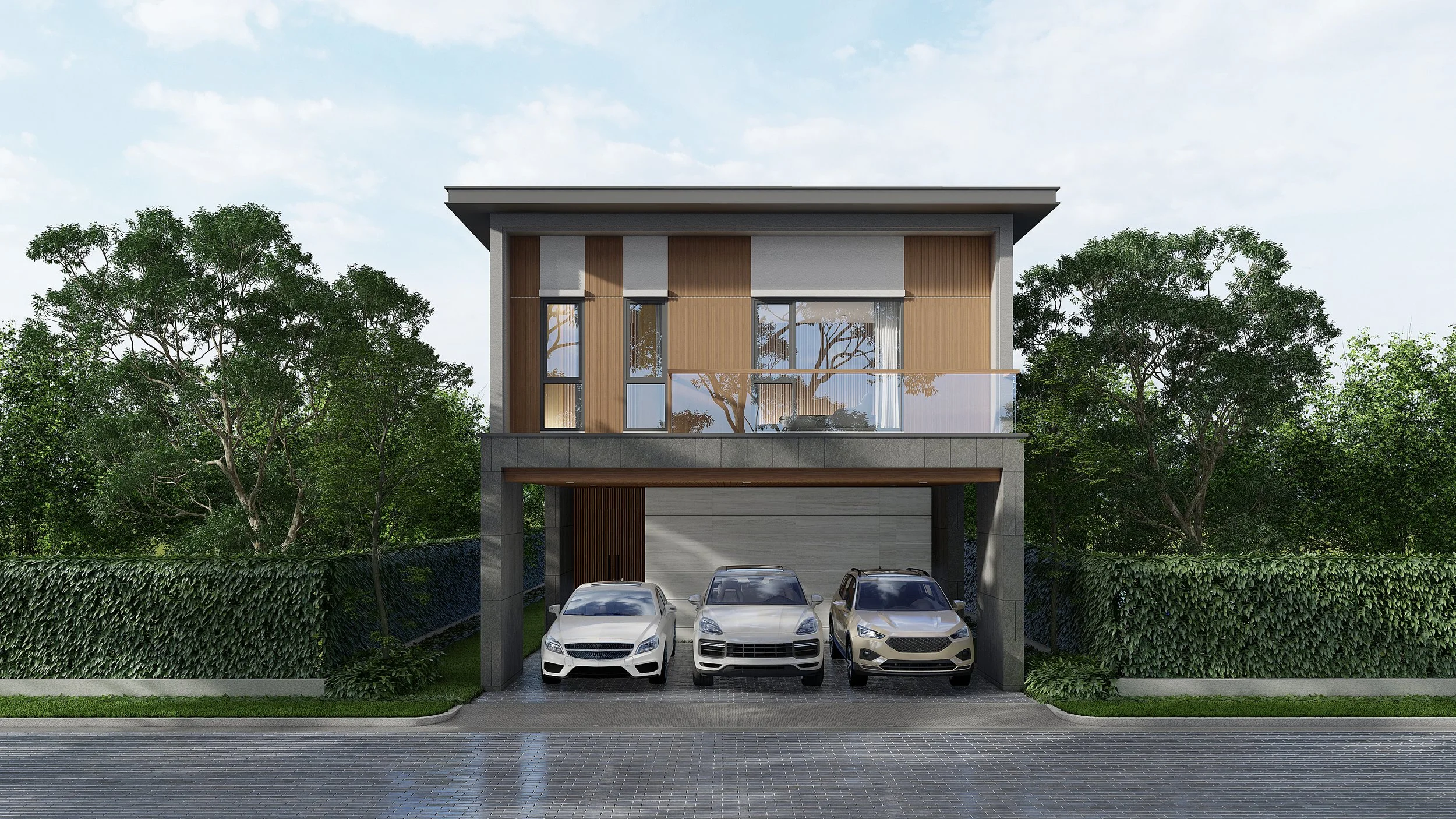 Modern two-story house with a garage and three parked cars, surrounded by green trees and a hedge, with a cloudy sky.
