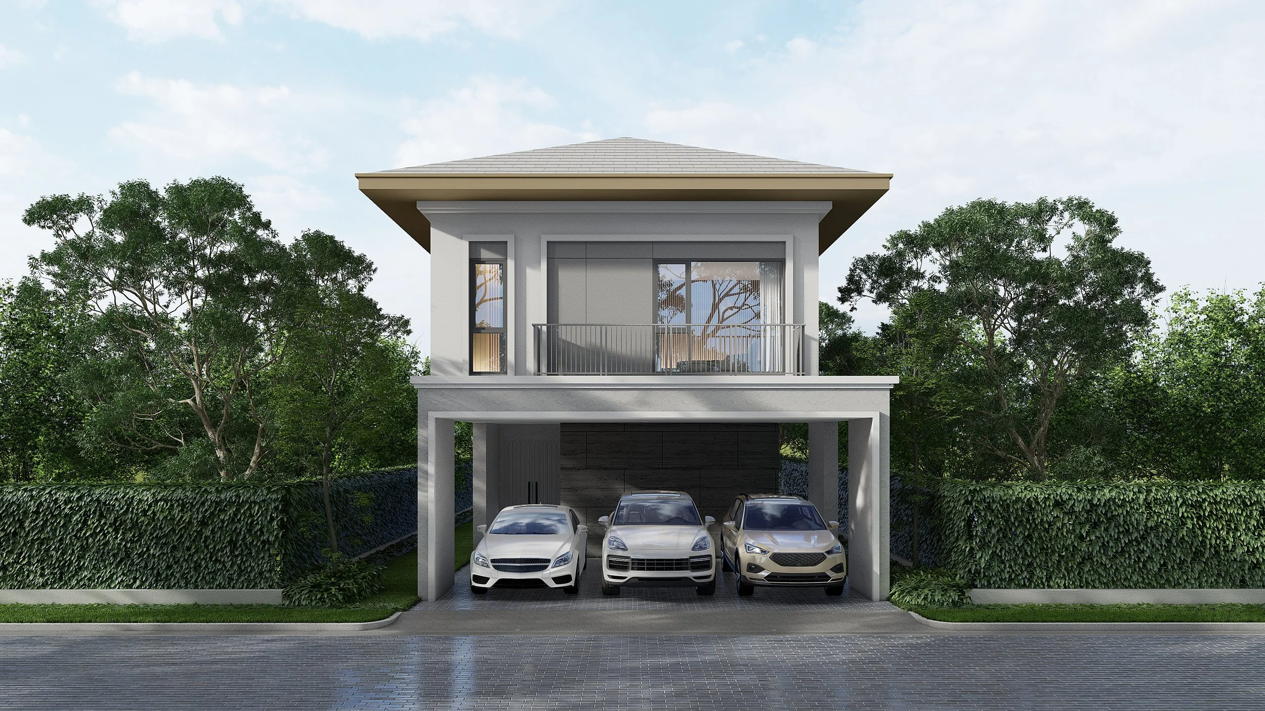 Modern two-story house with three parked cars in front, surrounded by green trees and bushes, under a partly cloudy sky.