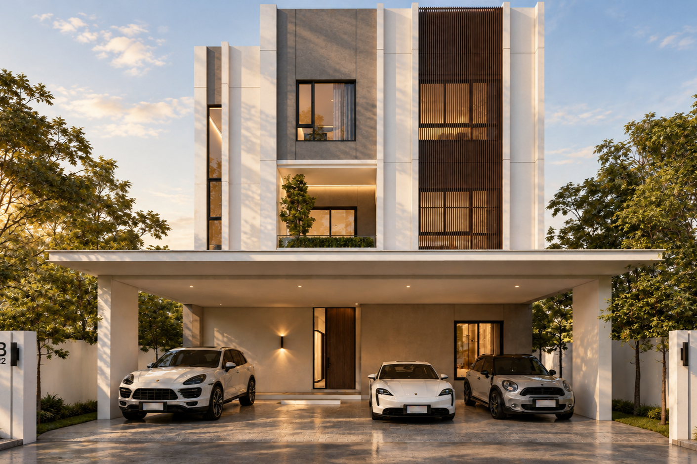 บ้านหรูสไตล์โมเดิร์นสามชั้น พร้อมระแนงไม้และสระว่ายน้ำ สวนร่มรื่น