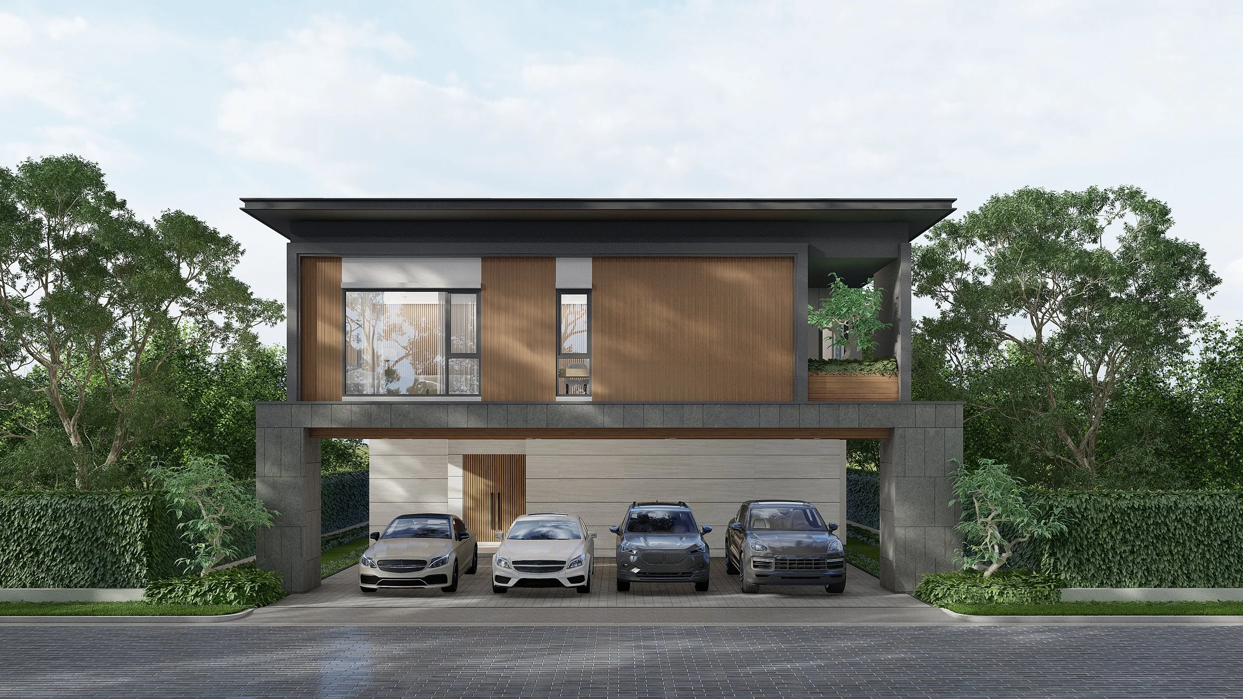 A modern residential building with an open garage and four cars parked inside. The house has large windows, wooden panel accents, and a flat roof, with greenery and trees surrounding it.