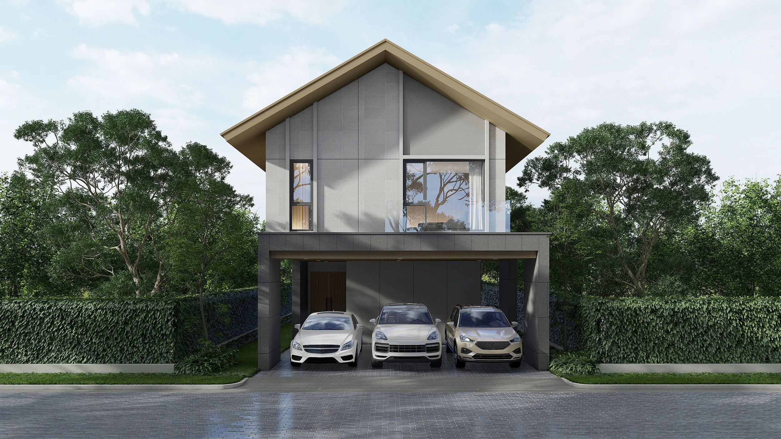 Modern two-story house with a carport and three parked cars, surrounded by greenery and trees, under a partly cloudy sky.